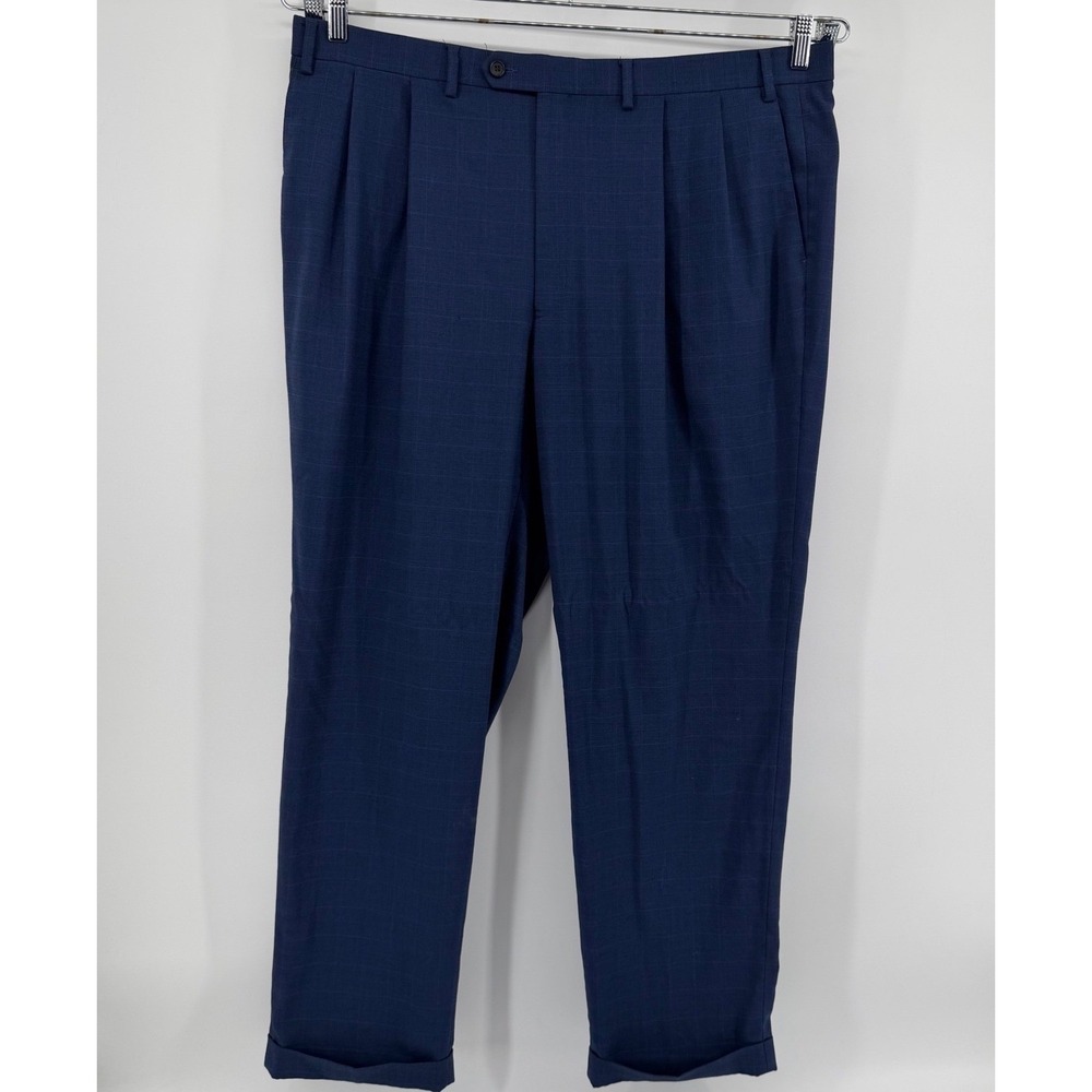 Ralph Lauren Dress Pants Mens 42x32 Blue Glen Plaid Pleated Cuffed Trousers